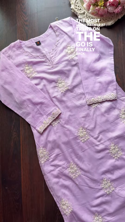 Pastel Embroidered Mulcotton Kurtas – Floral Ethnicwear in Yellow, Lavender & Light Green