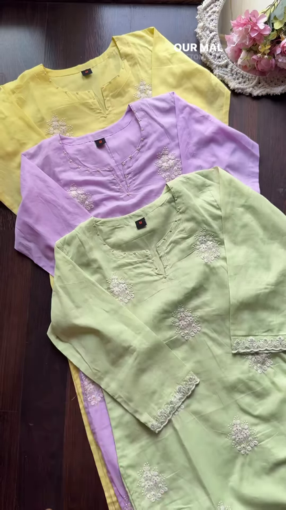 Pastel Embroidered Mulcotton Kurtas – Floral Ethnicwear in Yellow, Lavender & Light Green
