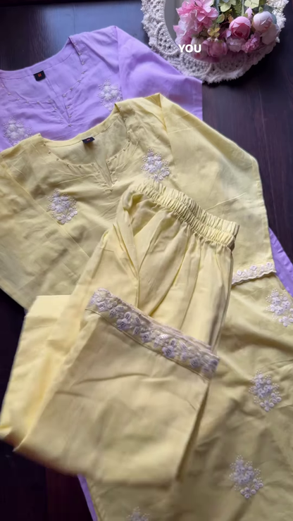 Pastel Embroidered Mulcotton Kurtas – Floral Ethnicwear in Yellow, Lavender & Light Green