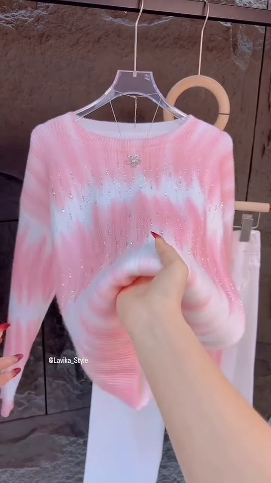 Pink & White Gradient Embellished Sweater – Soft Knit Casualwear for Women