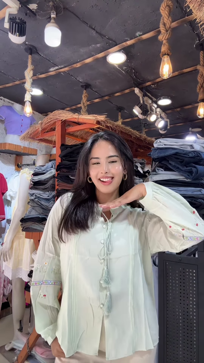 Light Embroidered Blouse with Tassel Sleeves – Casual Chic Top for Women