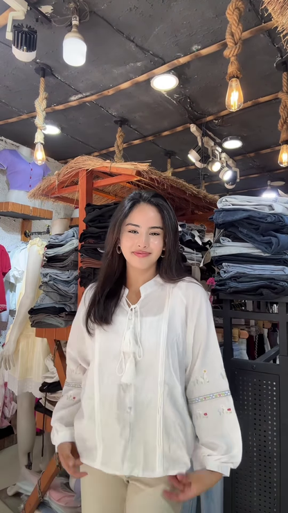 Light Embroidered Blouse with Tassel Sleeves – Casual Chic Top for Women