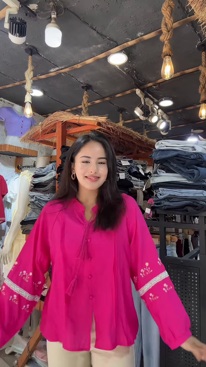 Light Embroidered Blouse with Tassel Sleeves – Casual Chic Top for Women