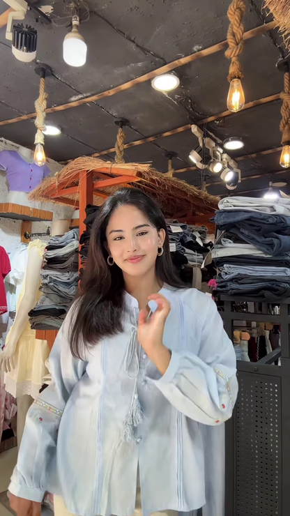 Light Embroidered Blouse with Tassel Sleeves – Casual Chic Top for Women