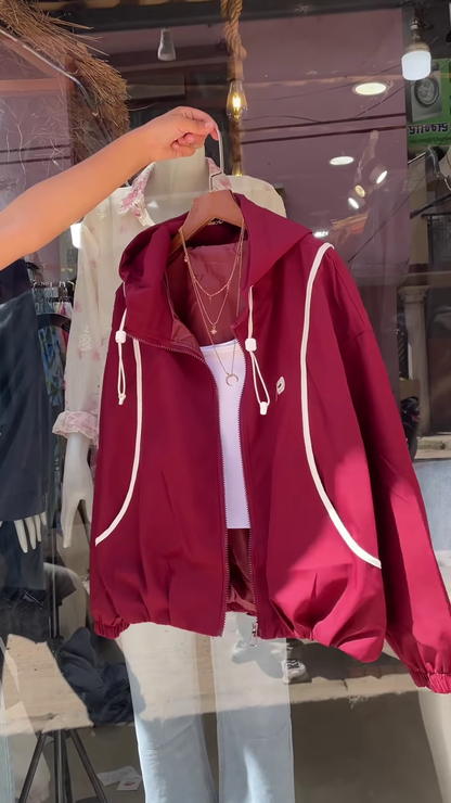 Purple Hooded Jacket with White Trim – Casual Streetwear Layer for Women