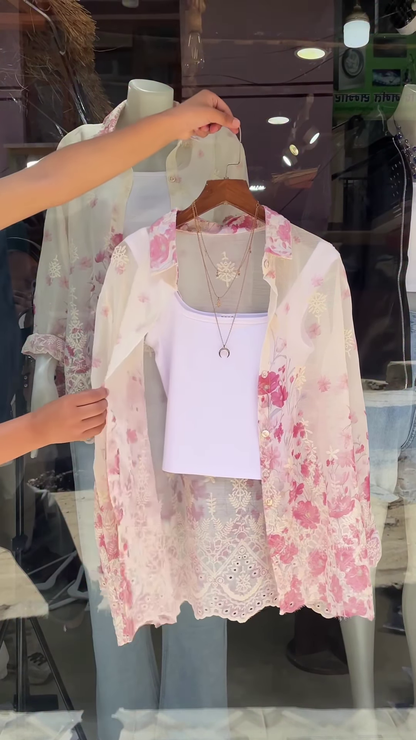 Sheer Floral Lace Blouse in Pink & White – Layered Casualwear for Women