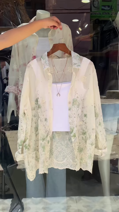 Sheer Floral Lace Blouse in Pink & White – Layered Casualwear for Women