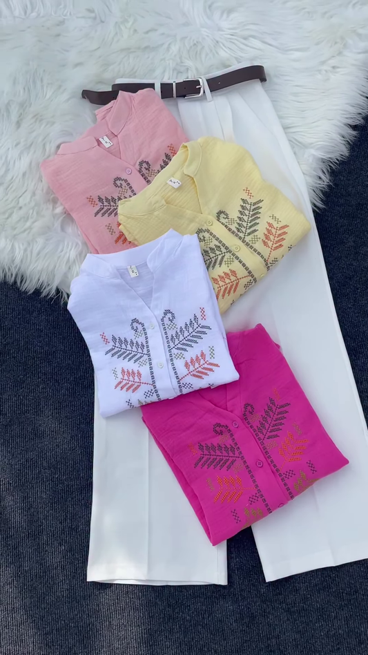 Multicolor Embroidered Shirt Set with Leaf & Geometric Motifs – Casual Ethnic Tops for Women