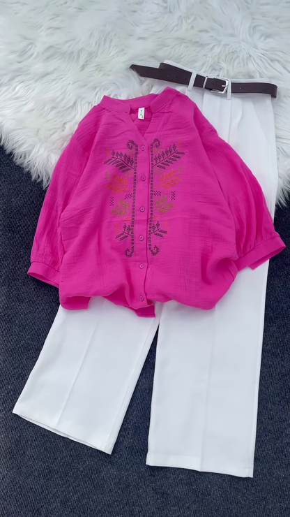 Multicolor Embroidered Shirt Set with Leaf & Geometric Motifs – Casual Ethnic Tops for Women