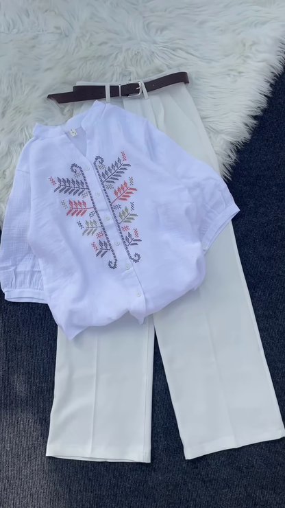 Multicolor Embroidered Shirt Set with Leaf & Geometric Motifs – Casual Ethnic Tops for Women