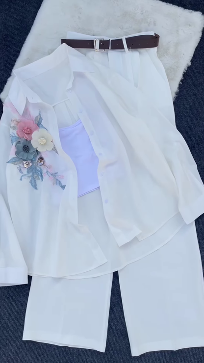 White Floral Embroidered Shirt with Tube Top & Pants – Elegant Layered Casualwear for Women