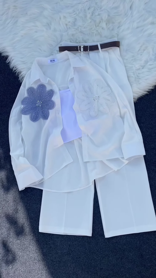 White Floral Embroidered Shirt with Tube Top & Pants – Elegant Layered Casualwear for Women