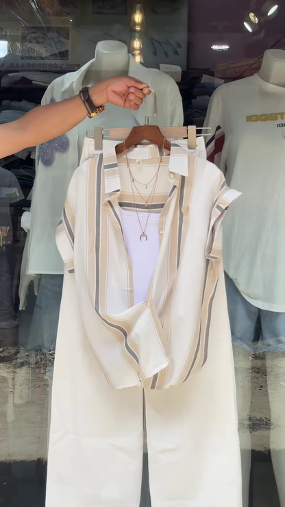 Pink & White Striped Shirt with Layered Tank Top – Casual Chic Outfit for Women