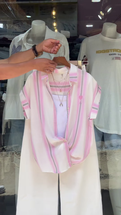 Pink & White Striped Shirt with Layered Tank Top – Casual Chic Outfit for Women