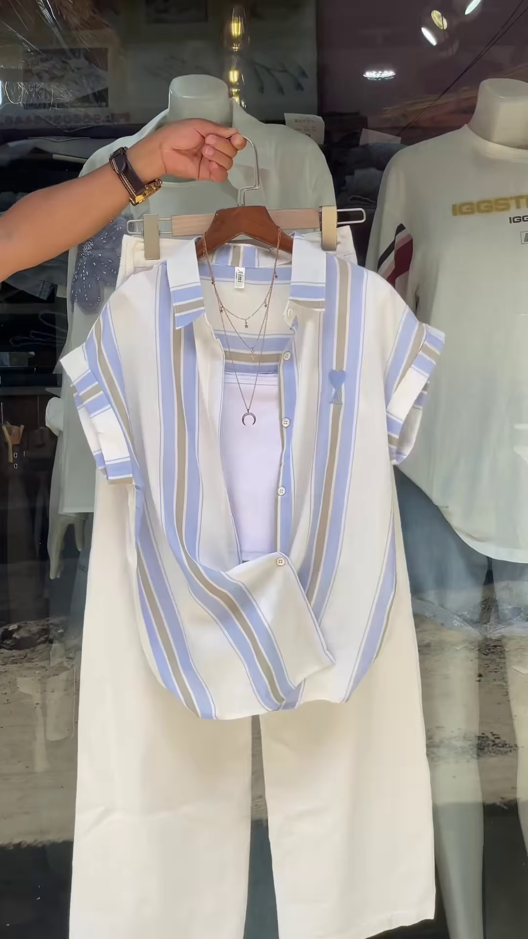 Pink & White Striped Shirt with Layered Tank Top – Casual Chic Outfit for Women