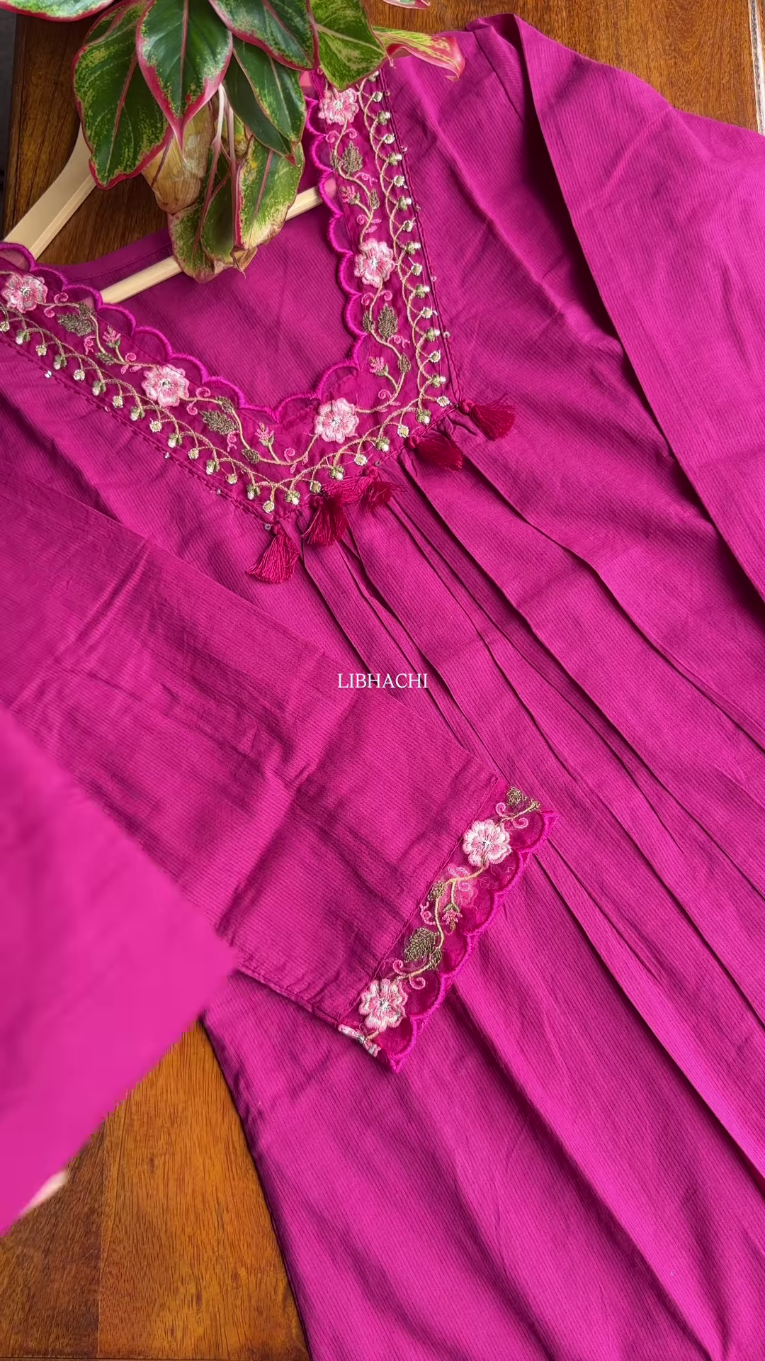 Green Pleated Kurta with Pink Floral Embroidery – Festive Ethnicwear for Women