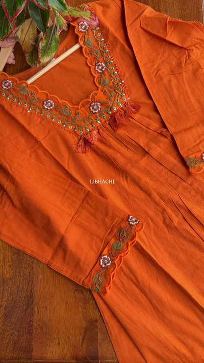 Green Pleated Kurta with Pink Floral Embroidery – Festive Ethnicwear for Women