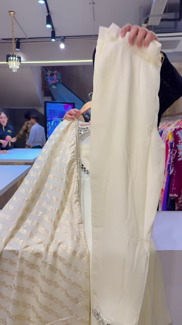 White Mirror Work Anarkali Suit with Gold-Embroidered Dupatta – Elegant Festivewear for Women