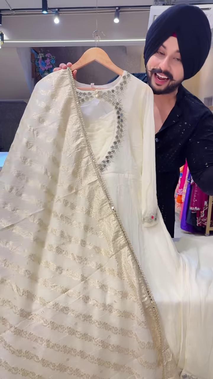 White Mirror Work Anarkali Suit with Gold-Embroidered Dupatta – Elegant Festivewear for Women