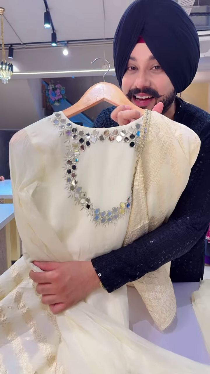 White Mirror Work Anarkali Suit with Gold-Embroidered Dupatta – Elegant Festivewear for Women