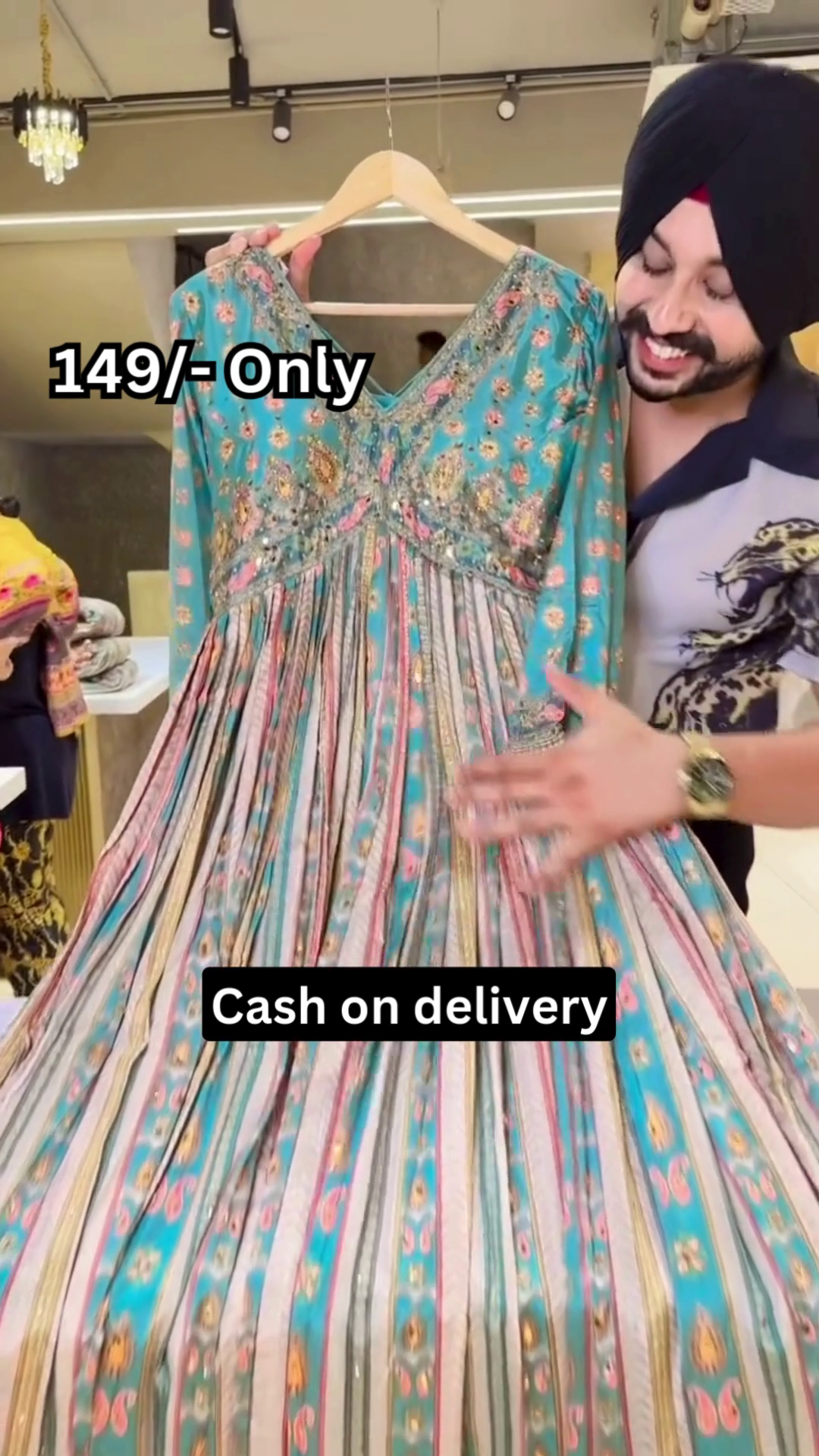 Turquoise Multicolor Printed Ethnic Dress with Embellished Bodice and Striped Lower Panel