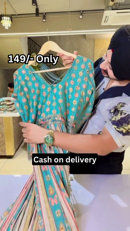 Turquoise Multicolor Printed Ethnic Dress with Embellished Bodice and Striped Lower Panel