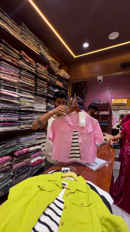 White Buttoned Utility Jacket with Chest Flap Pockets over Striped Inner Layer