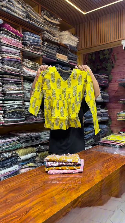 Pink Paisley Printed V-Neck Peplum Top with Long Sleeves for Women