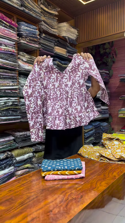 Pink Paisley Printed V-Neck Peplum Top with Long Sleeves for Women