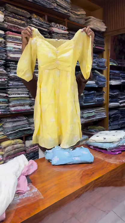 Light Blue Floral Printed Long-Sleeve Dress with Gathered Bodice for Women