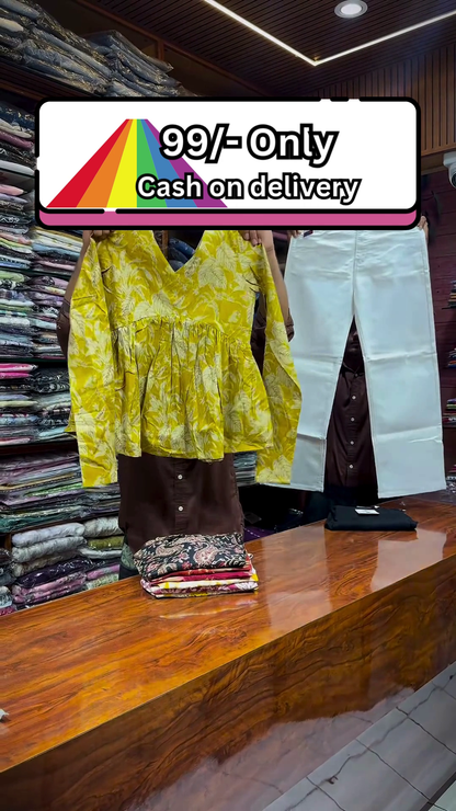 Yellow and White Floral Printed Top Paired with Black Straight-Fit Pants for Women
