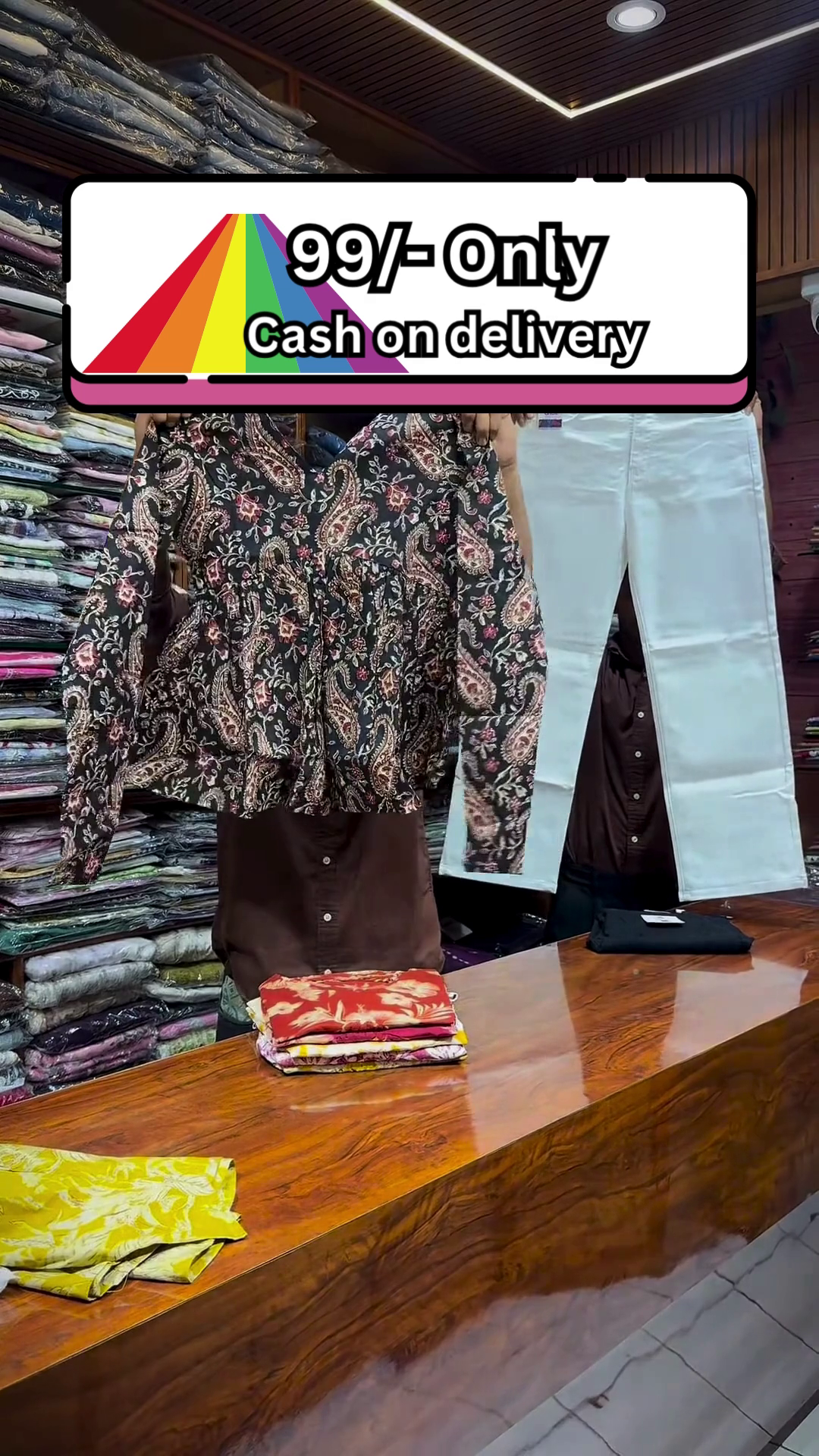 Yellow and White Floral Printed Top Paired with Black Straight-Fit Pants for Women