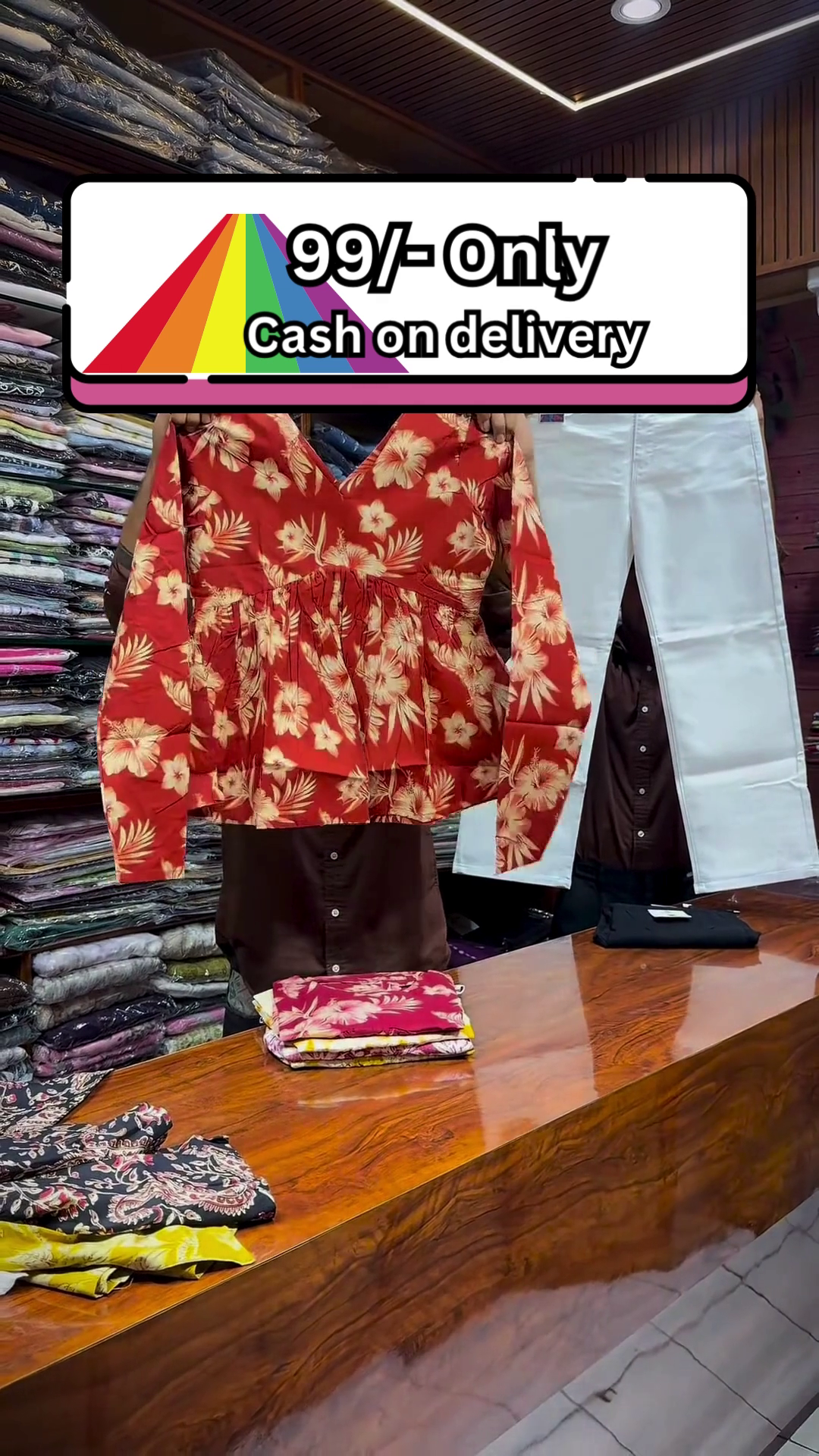 Yellow and White Floral Printed Top Paired with Black Straight-Fit Pants for Women