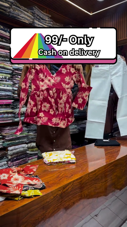 Yellow and White Floral Printed Top Paired with Black Straight-Fit Pants for Women