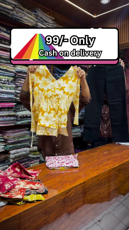 Yellow and White Floral Printed Top Paired with Black Straight-Fit Pants for Women