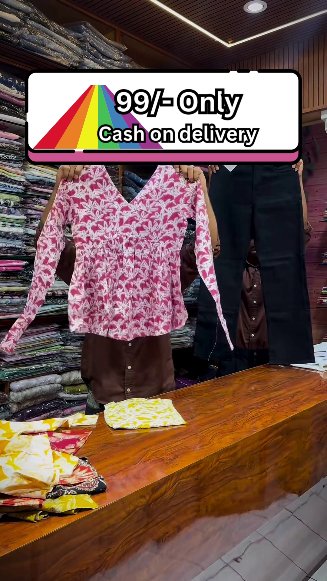 Yellow and White Floral Printed Top Paired with Black Straight-Fit Pants for Women