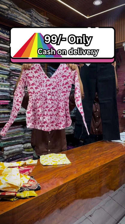 Yellow and White Floral Printed Top Paired with Black Straight-Fit Pants for Women