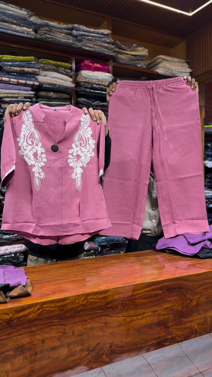 Pink Embroidered Two-Piece Set with Front Button Top and Elastic Waist Pants