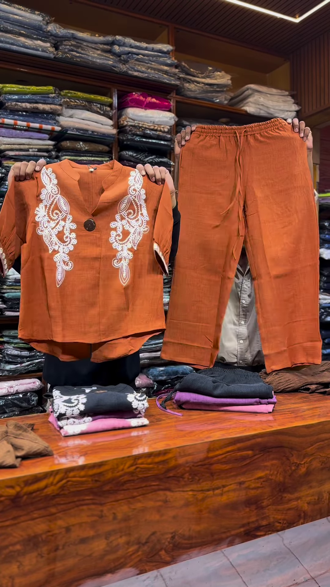 Pink Embroidered Two-Piece Set with Front Button Top and Elastic Waist Pants