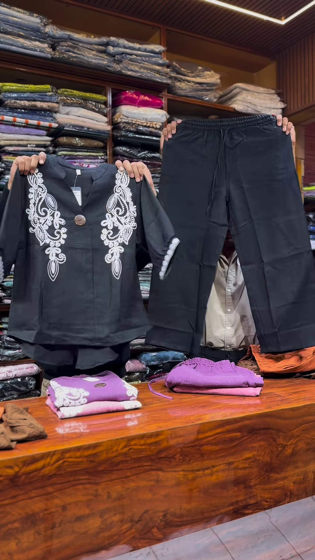 Pink Embroidered Two-Piece Set with Front Button Top and Elastic Waist Pants