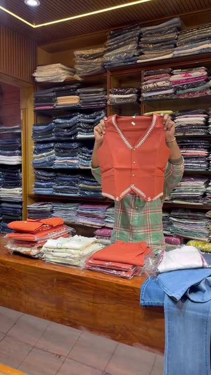 Orange Sleeveless V-Neck Vest with White Embroidered Edges and Button Closure