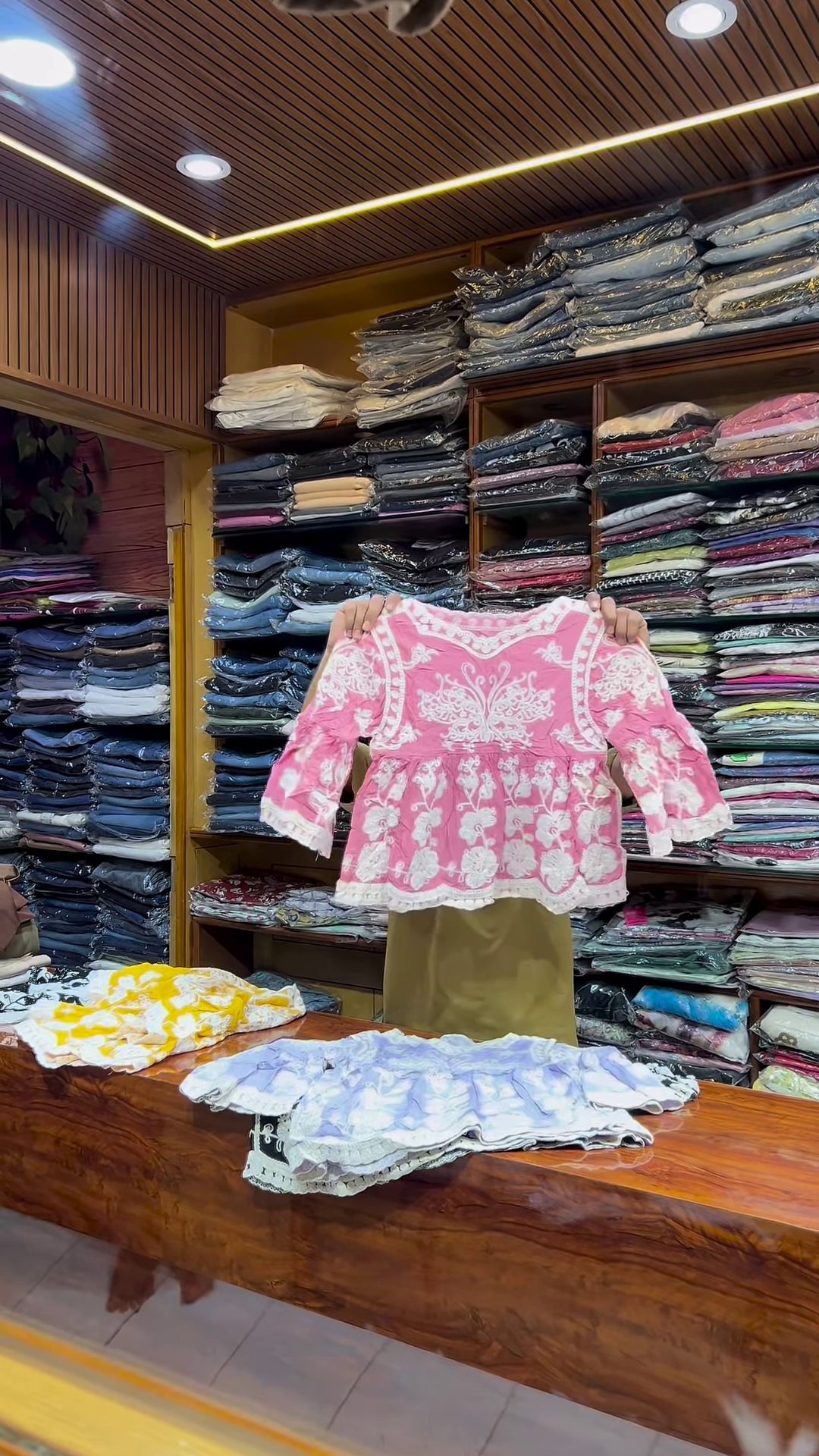 Pink and White Embroidered Long-Sleeve Top with Front Detailing for Women