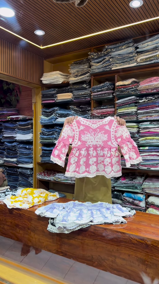 Pink and White Embroidered Long-Sleeve Top with Front Detailing for Women