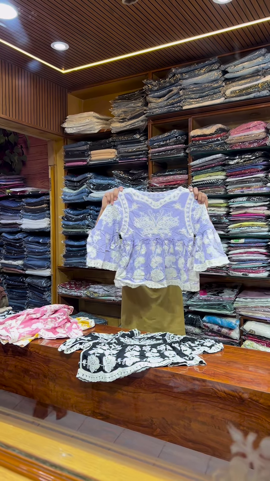 Pink and White Embroidered Long-Sleeve Top with Front Detailing for Women