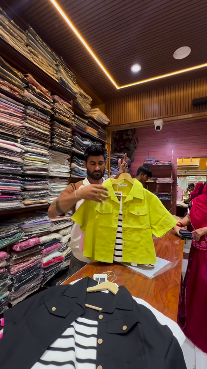 White Short-Sleeve Button-Down Shirt with Chest Pockets and Brown Buttons for Men