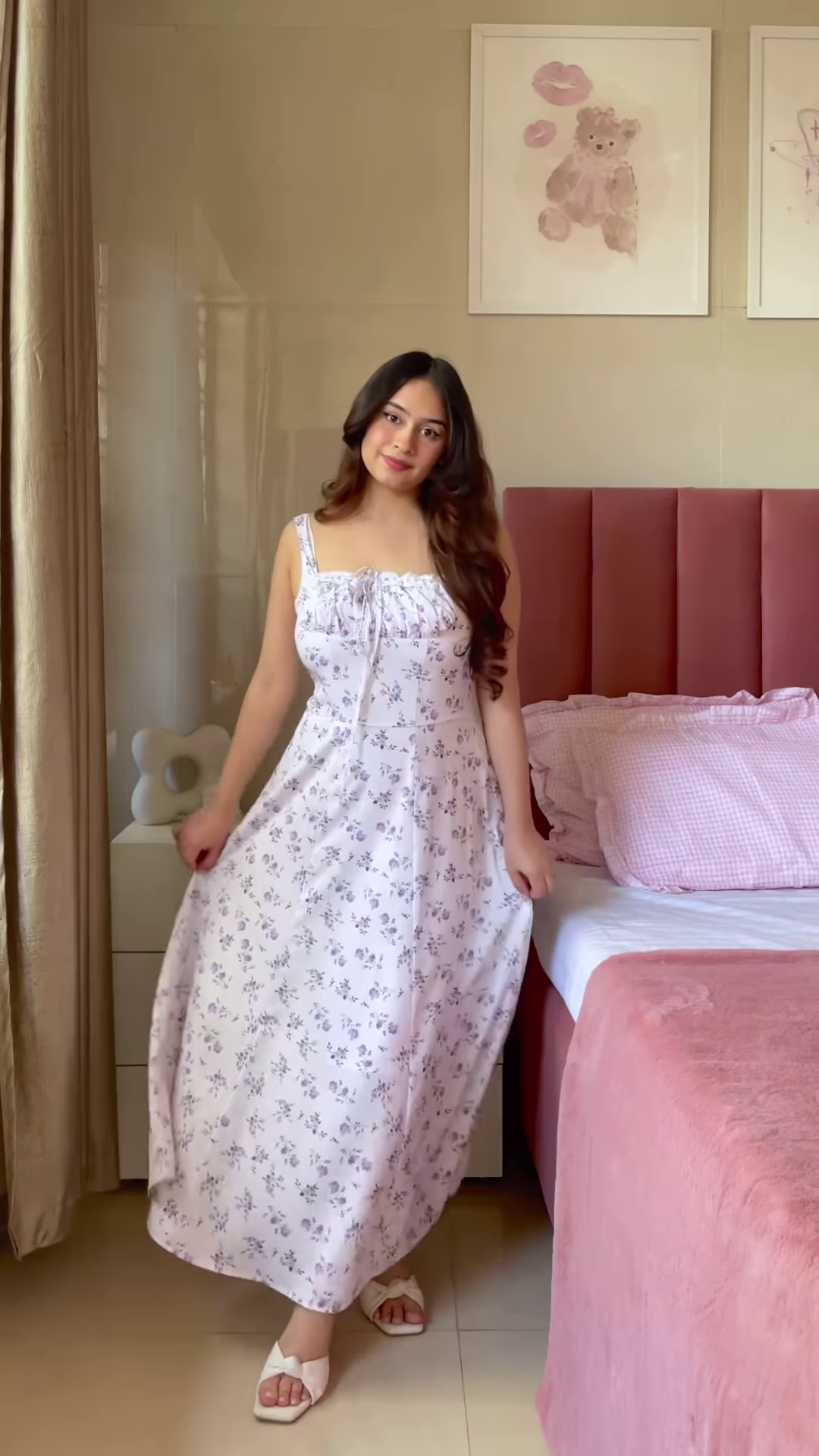 Sleeveless Pink A-Line Dress with White Floral Print and Thin Straps