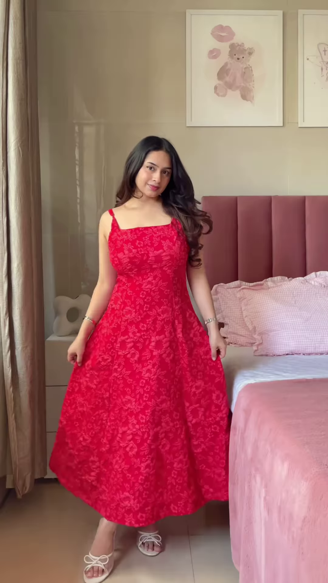 Sleeveless Pink A-Line Dress with White Floral Print and Thin Straps