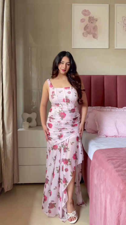 Sleeveless Pink A-Line Dress with White Floral Print and Thin Straps