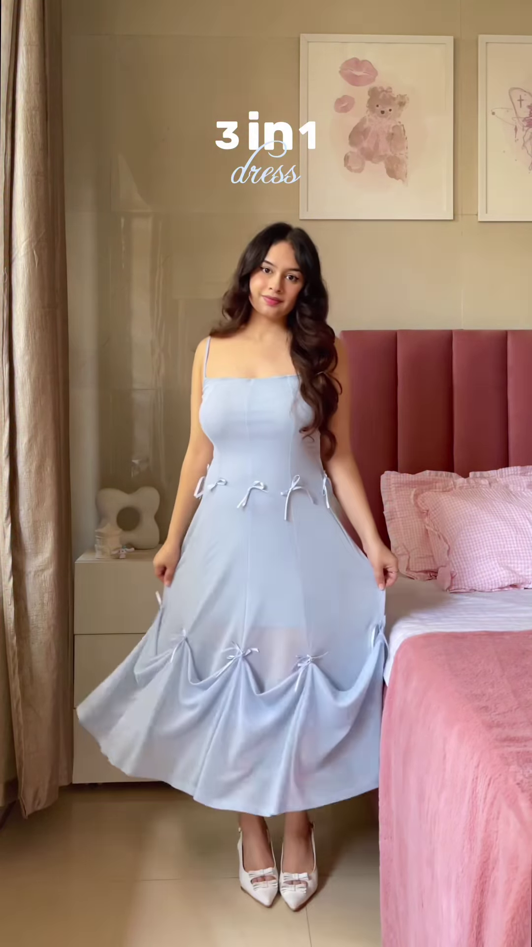 Light Blue Bow-Detail Strappy Dress – 3-in-1 Versatile Outfit for Women