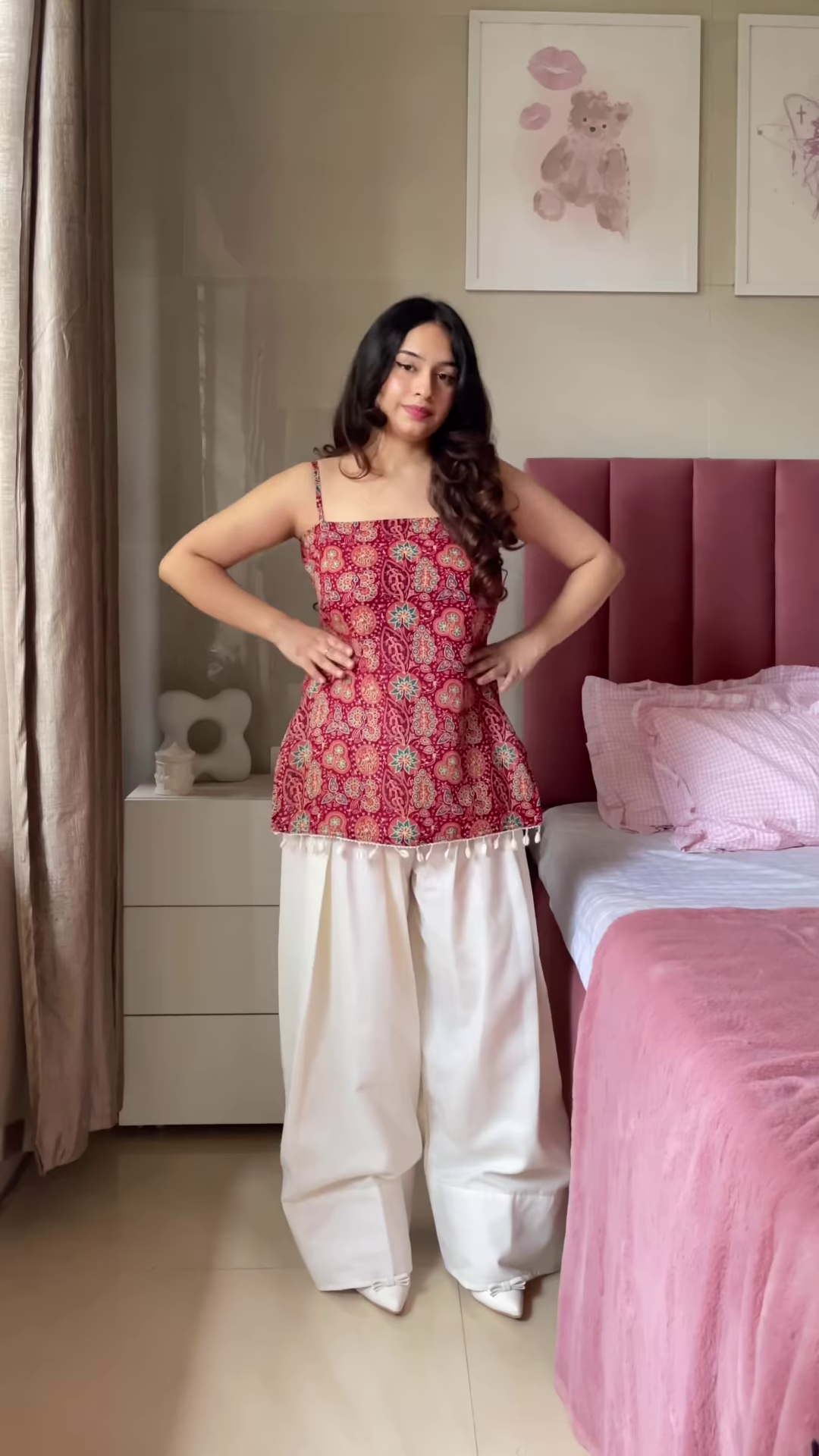 Pink Floral Printed Top with Light Blue Jeans – Casual Ethnic Fusion Wear for Women